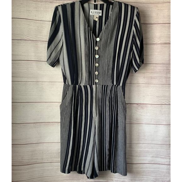 Vintage R.J. Stevens by Carol Escritor Romper Navy and Gray Stripes Size 12 - Picture 1 of 16